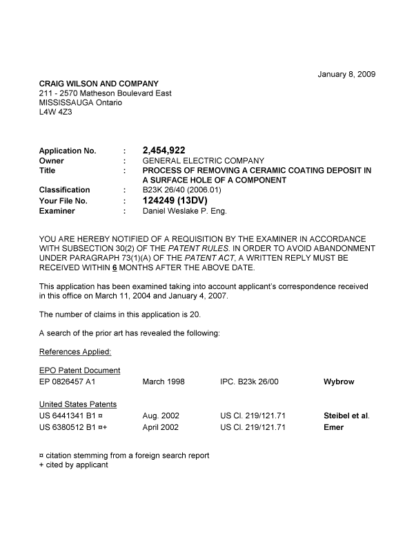 Canadian Patent Document 2454922. Prosecution-Amendment 20081208. Image 1 of 5