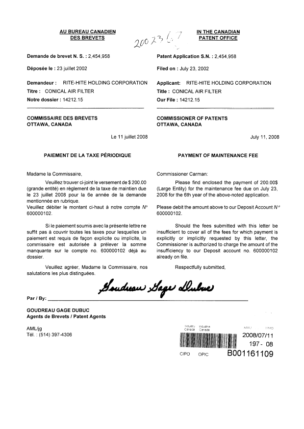Canadian Patent Document 2454958. Fees 20080711. Image 1 of 1