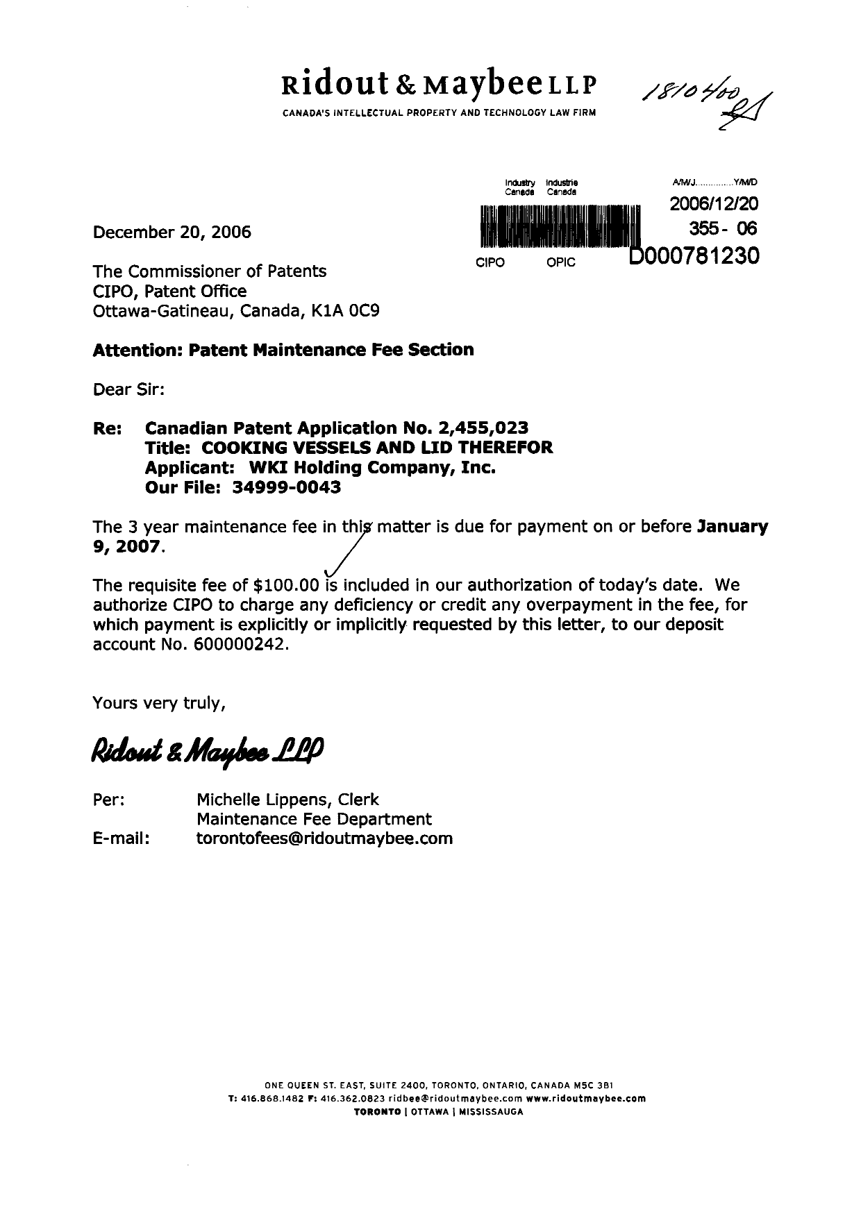 Document de brevet canadien 2455023. Taxes 20061220. Image 1 de 1