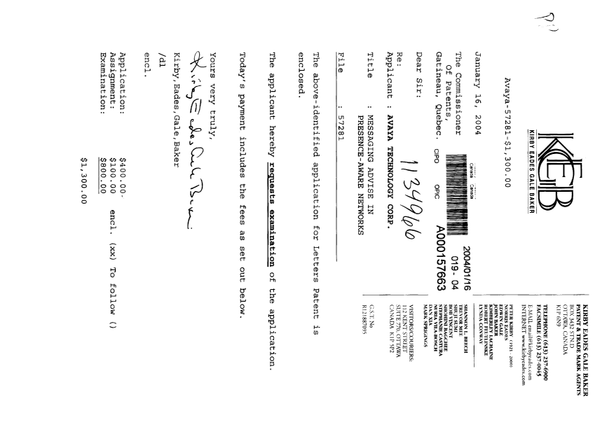 Document de brevet canadien 2455256. Cession 20040116. Image 1 de 7