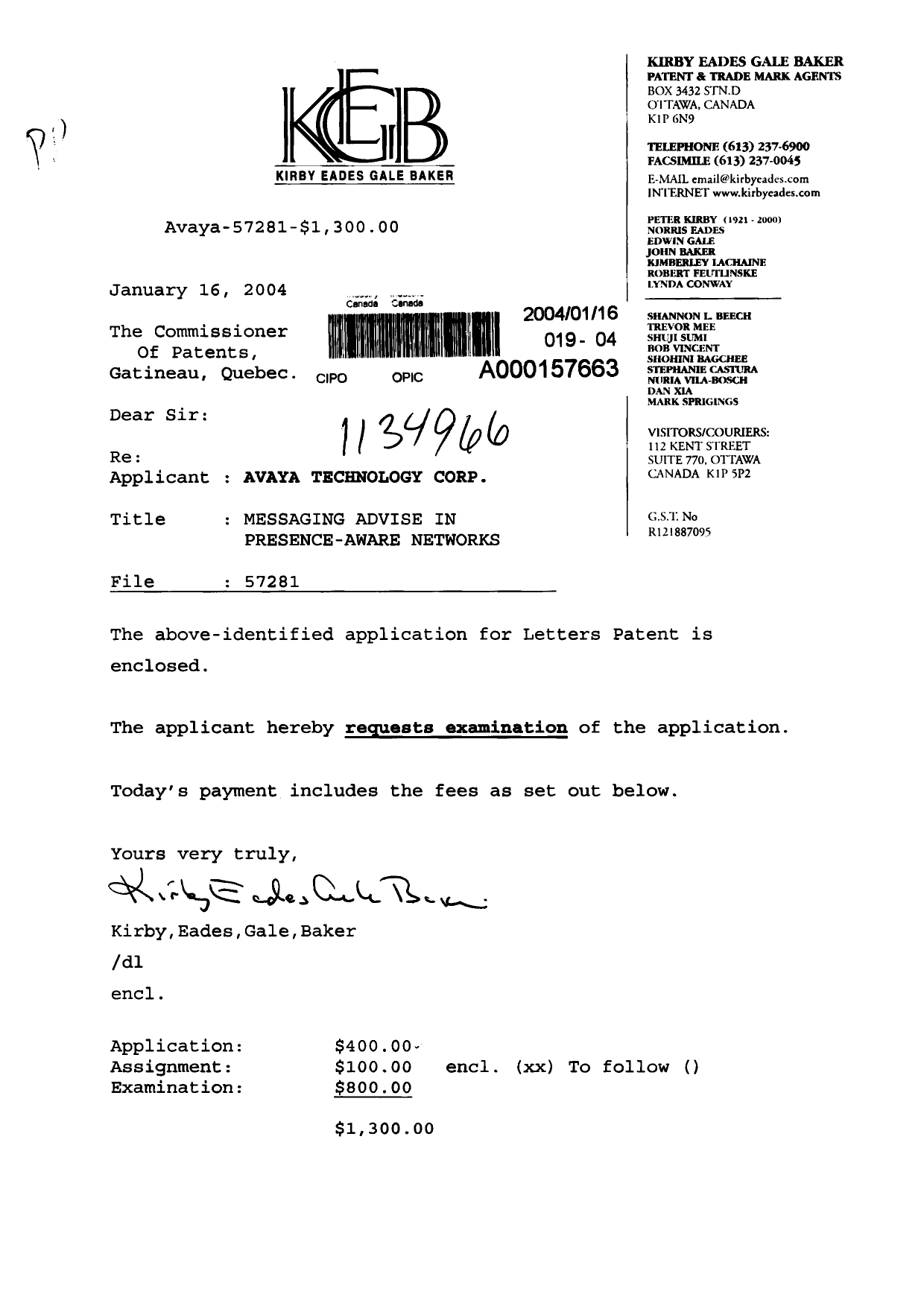 Document de brevet canadien 2455256. Cession 20040116. Image 1 de 7