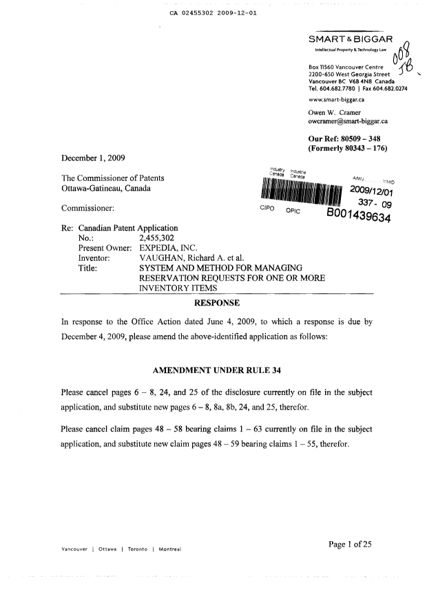 Canadian Patent Document 2455302. Prosecution-Amendment 20091201. Image 1 of 44