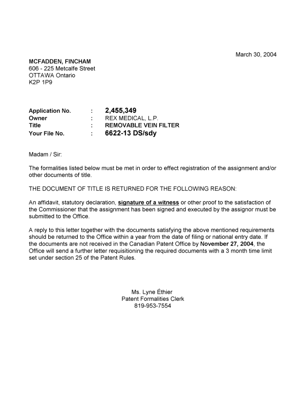 Document de brevet canadien 2455349. Correspondance 20040324. Image 1 de 1