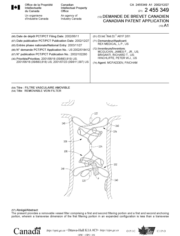 Document de brevet canadien 2455349. Page couverture 20040329. Image 1 de 2