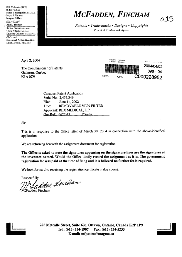Document de brevet canadien 2455349. Cession 20040402. Image 1 de 3