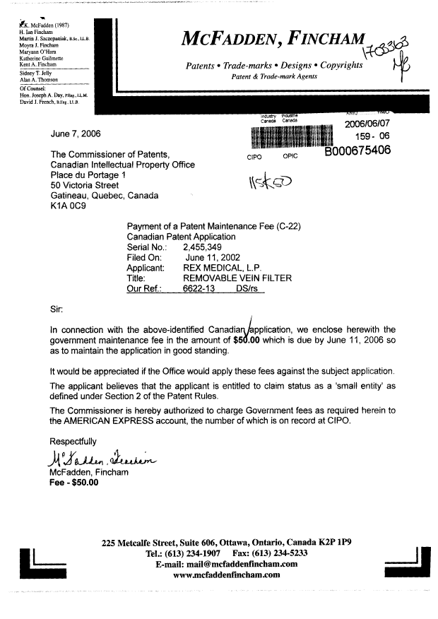 Document de brevet canadien 2455349. Taxes 20060607. Image 1 de 1