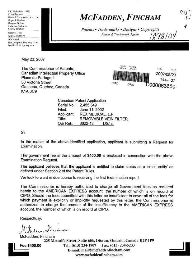Document de brevet canadien 2455349. Poursuite-Amendment 20070523. Image 1 de 1