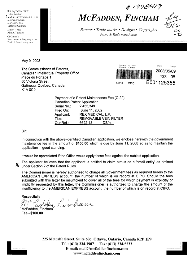 Document de brevet canadien 2455349. Taxes 20080509. Image 1 de 1