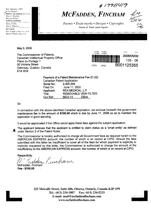 Document de brevet canadien 2455349. Correspondance 20080509. Image 1 de 1