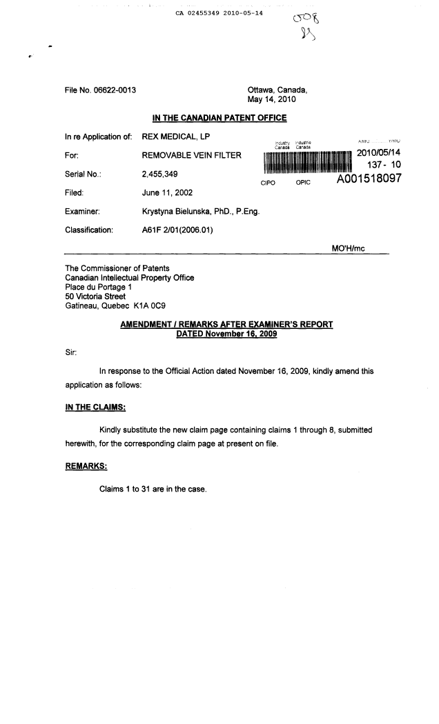 Document de brevet canadien 2455349. Poursuite-Amendment 20100514. Image 1 de 4