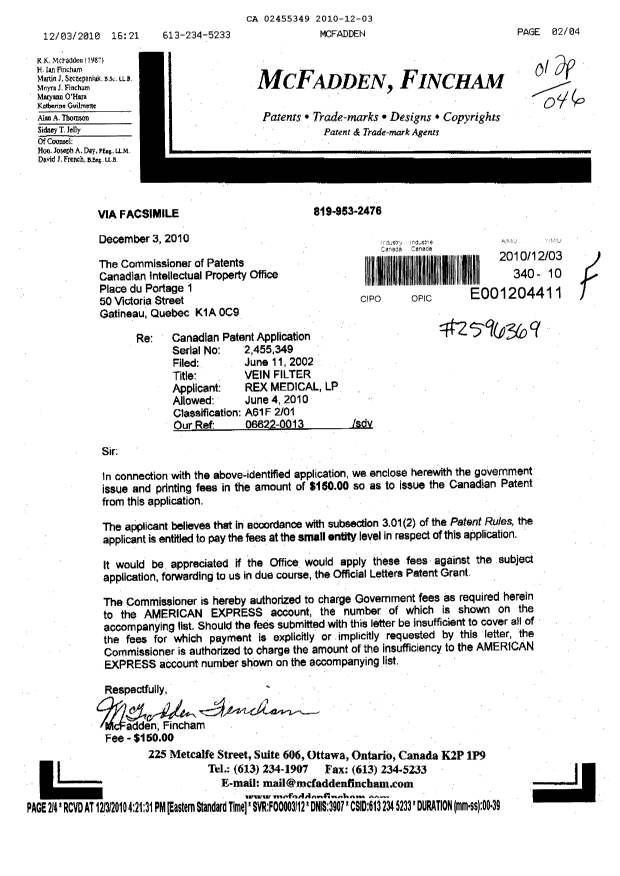 Document de brevet canadien 2455349. Correspondance 20101203. Image 1 de 1