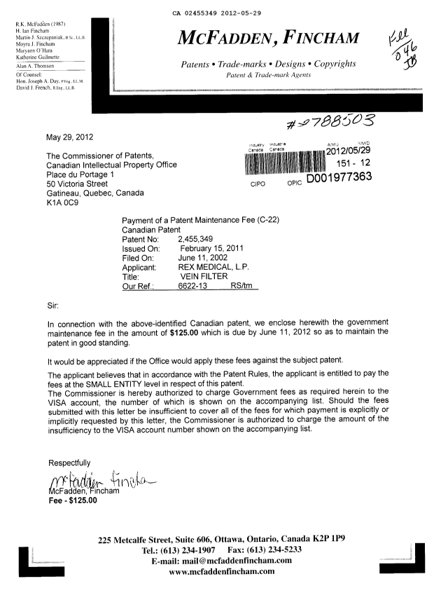Document de brevet canadien 2455349. Taxes 20120529. Image 1 de 1