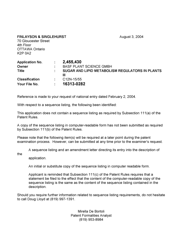 Canadian Patent Document 2455430. Correspondence 20040729. Image 1 of 2