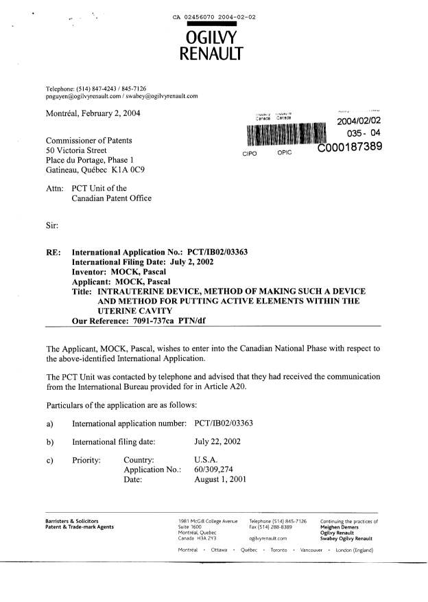 Canadian Patent Document 2456070. Assignment 20040202. Image 1 of 5
