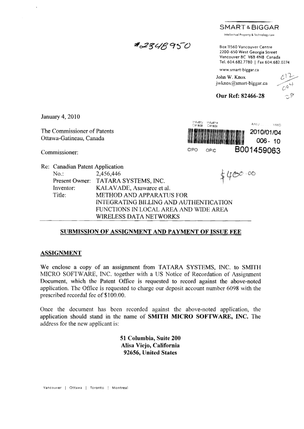 Canadian Patent Document 2456446. Correspondence 20091204. Image 1 of 3