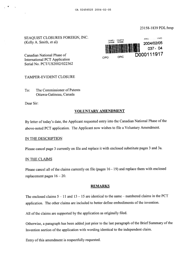 Canadian Patent Document 2456525. Prosecution-Amendment 20031205. Image 1 of 9