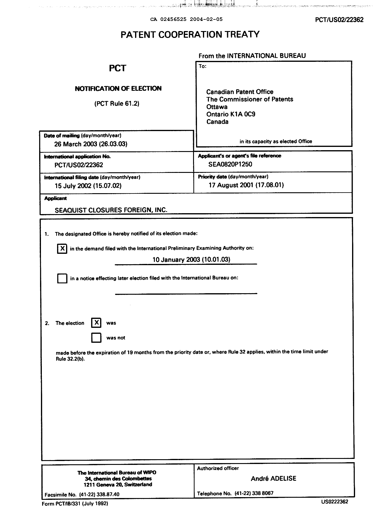 Document de brevet canadien 2456525. PCT 20040205. Image 1 de 6