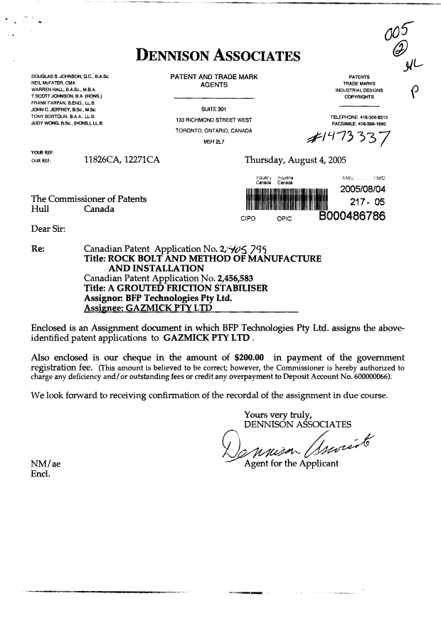 Canadian Patent Document 2456583. Assignment 20050804. Image 1 of 4
