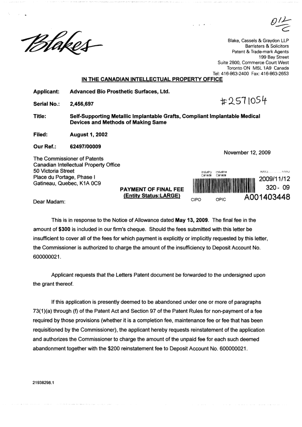 Canadian Patent Document 2456697. Correspondence 20091112. Image 1 of 2