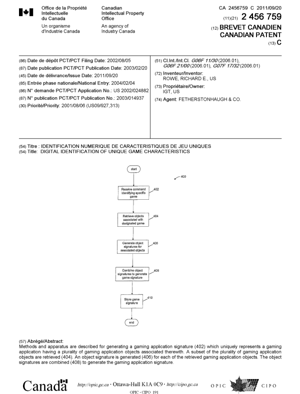 Canadian Patent Document 2456759. Cover Page 20101216. Image 1 of 1