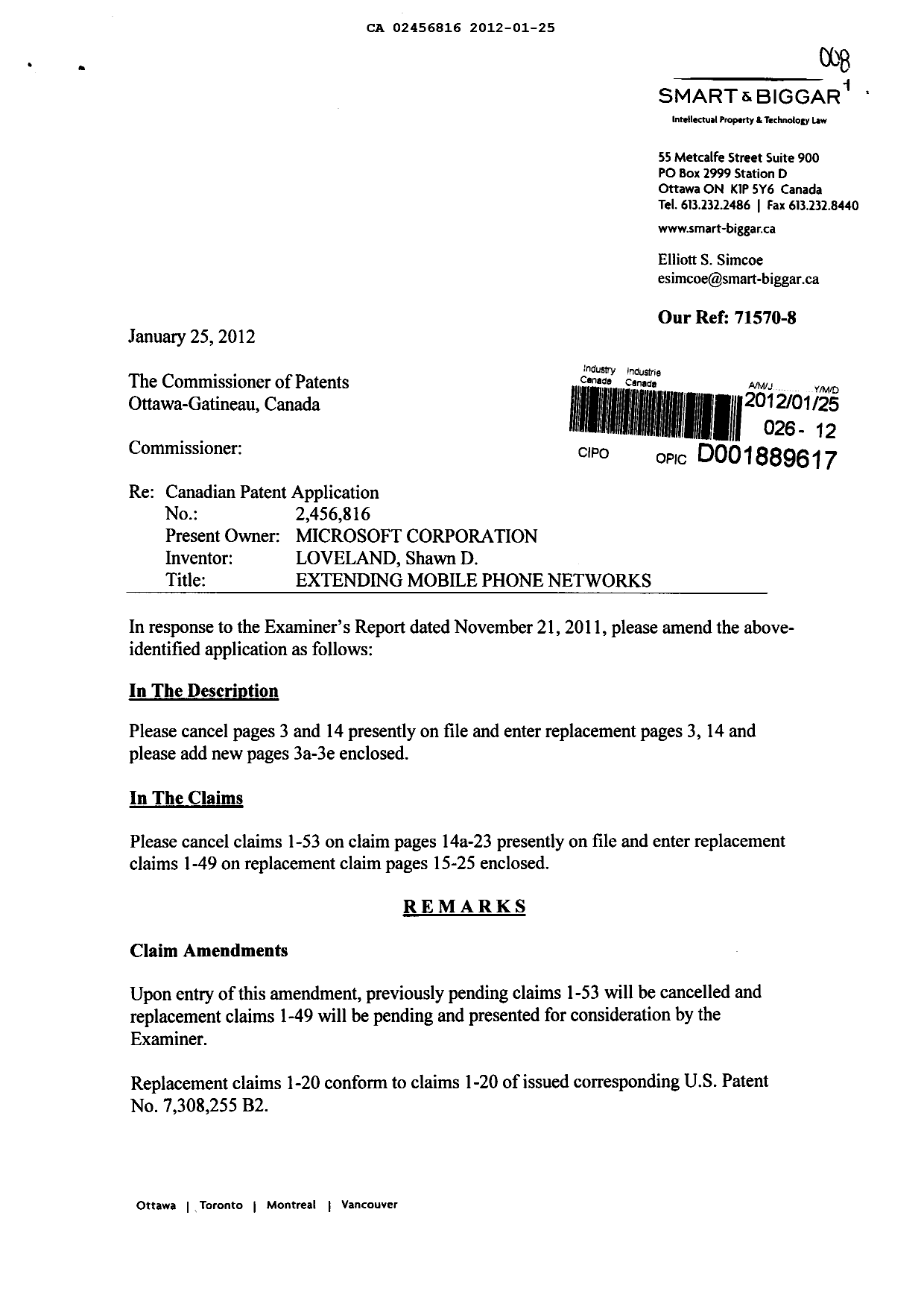 Canadian Patent Document 2456816. Prosecution-Amendment 20120125. Image 1 of 22