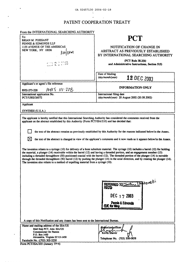 Document de brevet canadien 2457130. PCT 20040218. Image 1 de 10