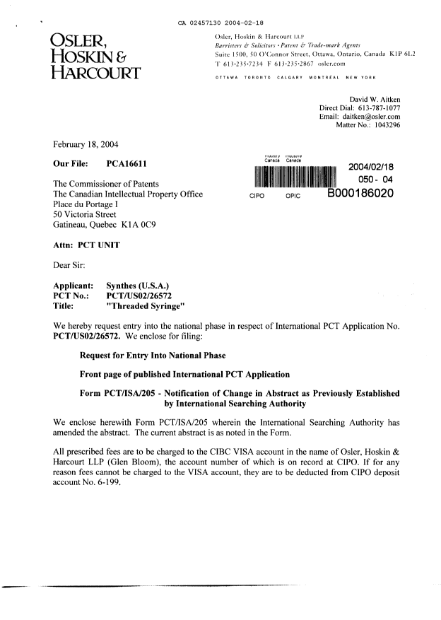Document de brevet canadien 2457130. Cession 20040218. Image 1 de 3