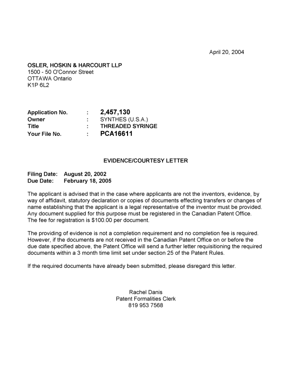 Document de brevet canadien 2457130. Correspondance 20040415. Image 1 de 1