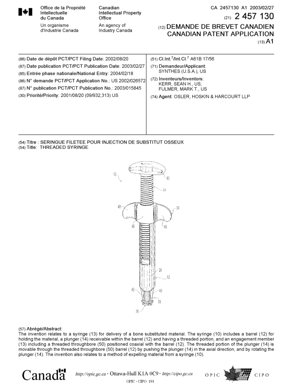 Document de brevet canadien 2457130. Page couverture 20040419. Image 1 de 1