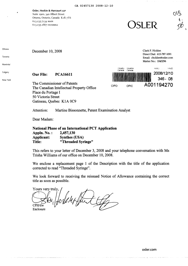 Document de brevet canadien 2457130. Poursuite-Amendment 20081210. Image 1 de 2