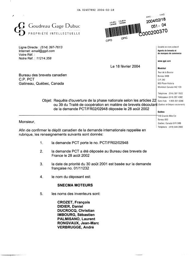 Document de brevet canadien 2457892. Cession 20040218. Image 1 de 5