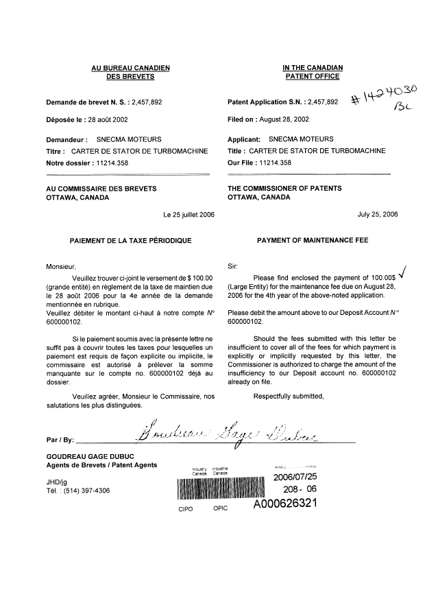 Document de brevet canadien 2457892. Taxes 20060725. Image 1 de 1