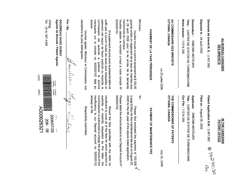Canadian Patent Document 2457892. Fees 20060725. Image 1 of 1