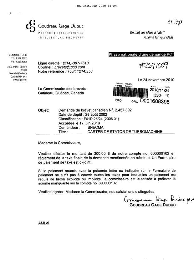 Canadian Patent Document 2457892. Correspondence 20101124. Image 1 of 1