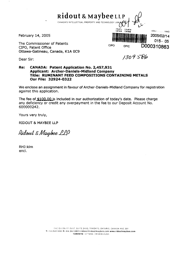Document de brevet canadien 2457931. Cession 20050214. Image 1 de 12