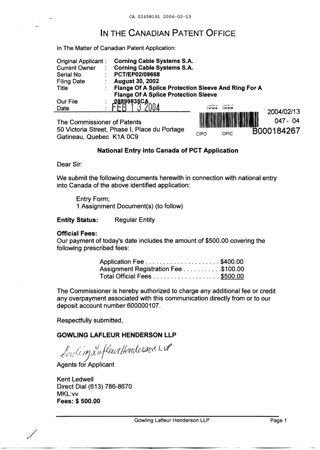 Document de brevet canadien 2458191. Cession 20040213. Image 1 de 3