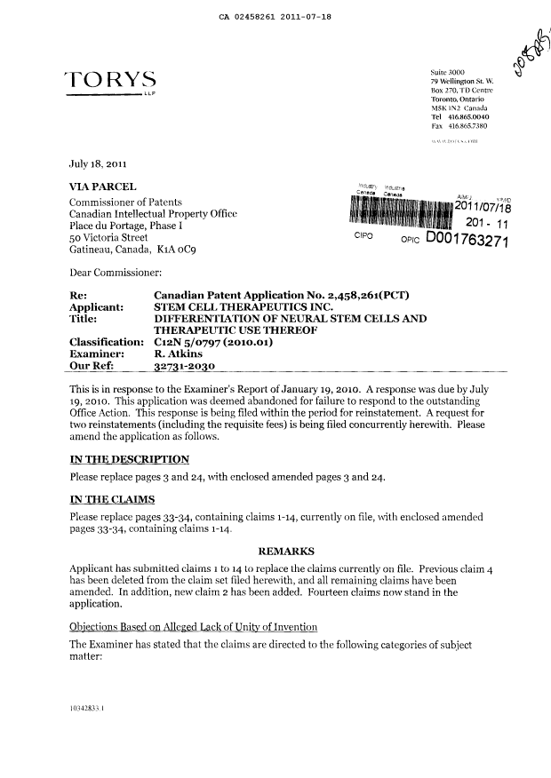 Document de brevet canadien 2458261. Poursuite-Amendment 20110718. Image 1 de 9