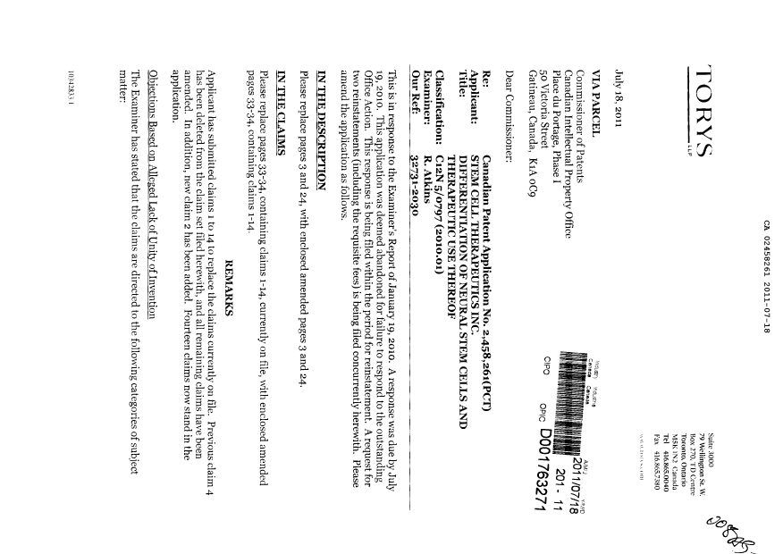 Canadian Patent Document 2458261. Prosecution-Amendment 20110718. Image 1 of 9