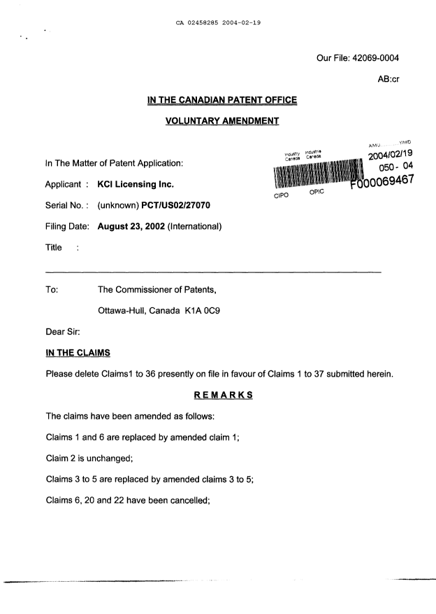 Canadian Patent Document 2458285. Prosecution-Amendment 20031219. Image 1 of 6