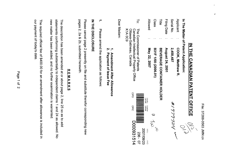 Document de brevet canadien 2458487. Correspondance 20061223. Image 1 de 2