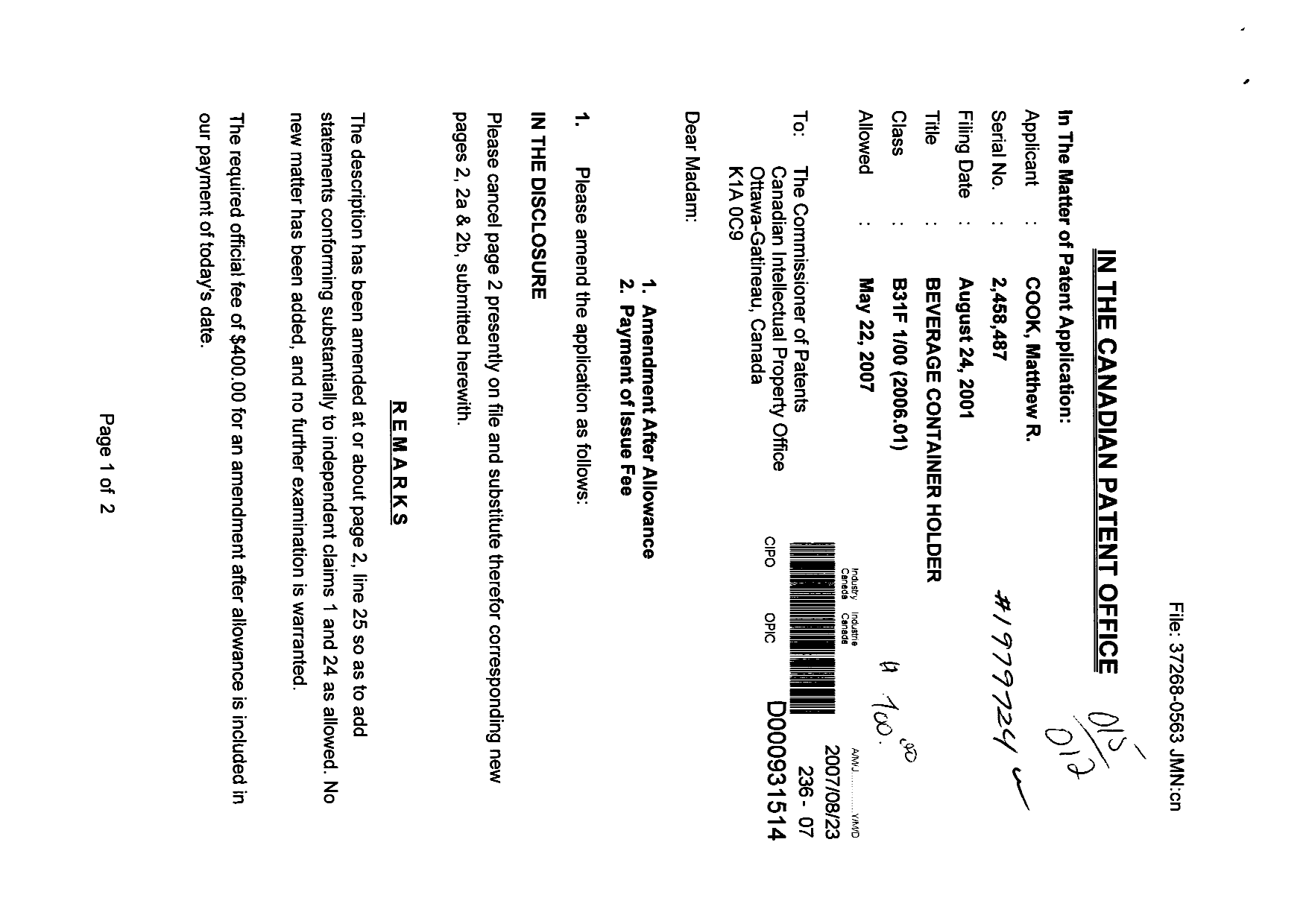 Canadian Patent Document 2458487. Correspondence 20061223. Image 1 of 2