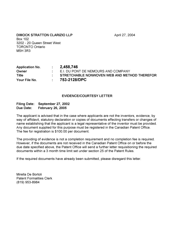 Document de brevet canadien 2458746. Correspondance 20040423. Image 1 de 1