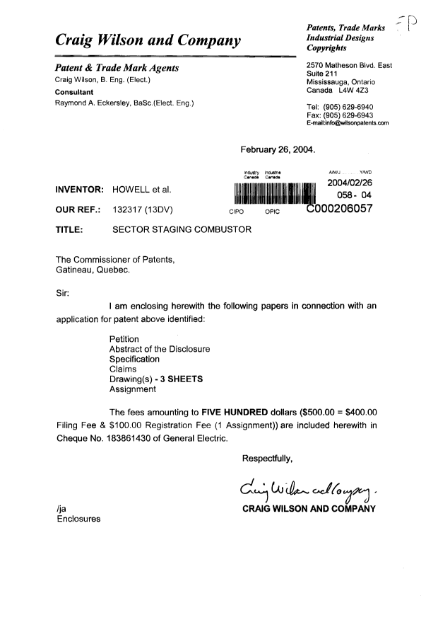 Document de brevet canadien 2459187. Cession 20040226. Image 1 de 4