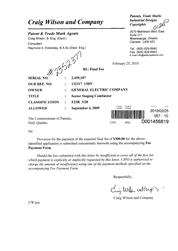 Document de brevet canadien 2459187. Correspondance 20100225. Image 1 de 1