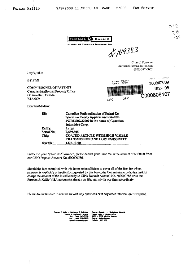 Document de brevet canadien 2459505. Correspondance 20080709. Image 1 de 3
