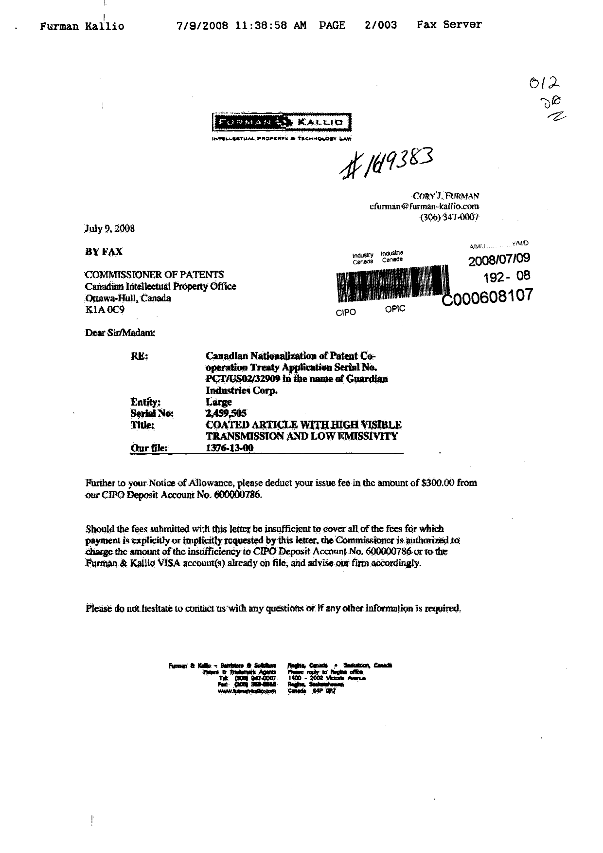 Canadian Patent Document 2459505. Correspondence 20080709. Image 1 of 3