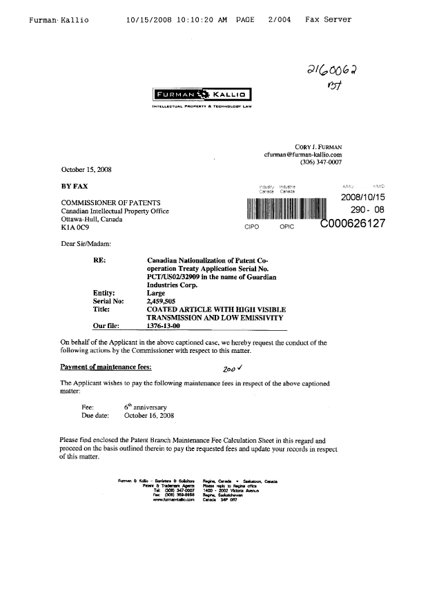 Document de brevet canadien 2459505. Taxes 20081015. Image 1 de 4