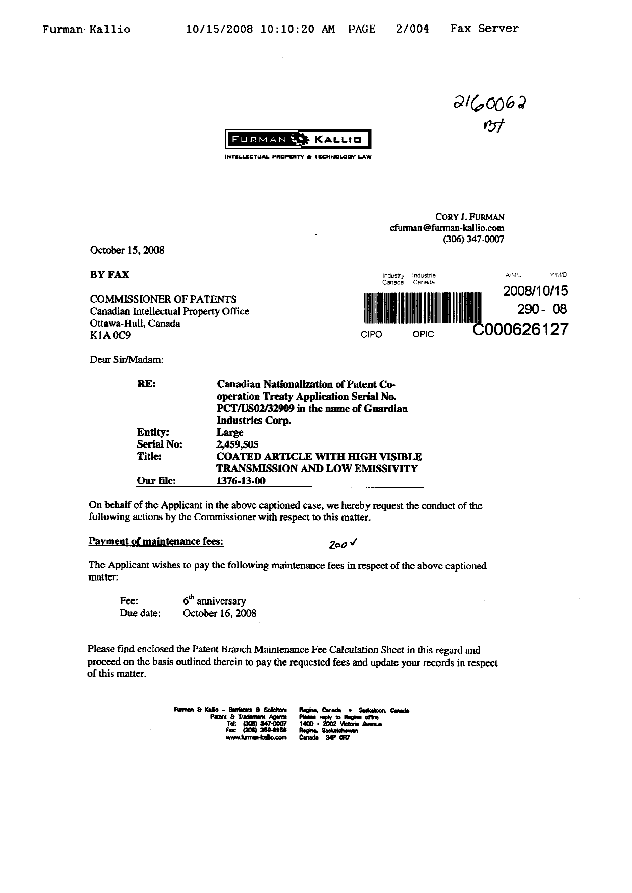 Canadian Patent Document 2459505. Fees 20081015. Image 1 of 4