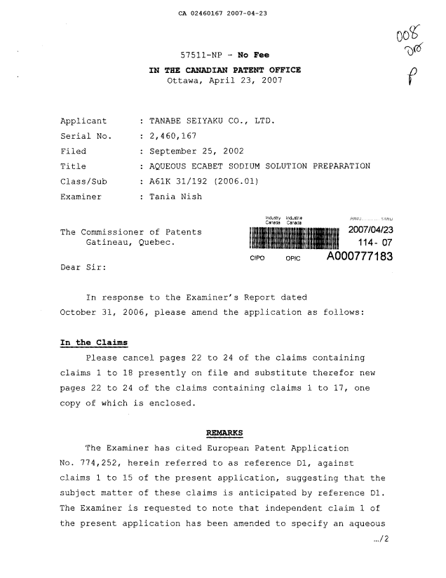 Document de brevet canadien 2460167. Poursuite-Amendment 20070423. Image 1 de 10