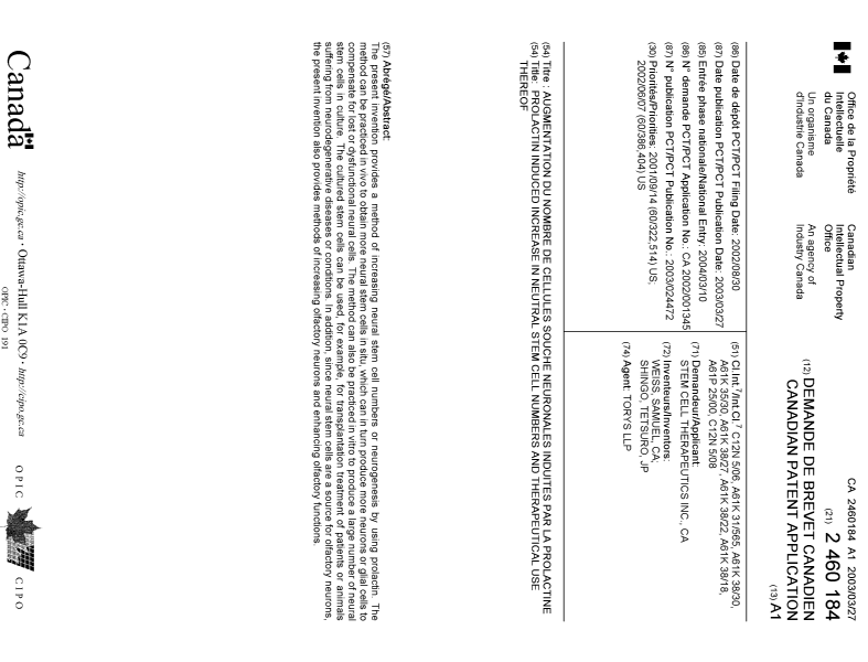 Document de brevet canadien 2460184. Page couverture 20031206. Image 1 de 1